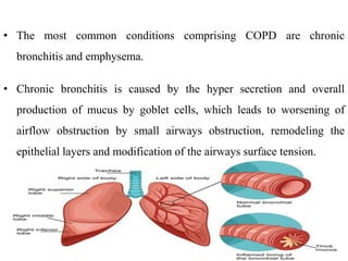 • The most common conditions comprising COPD are chronic
bronchitis and emphysema.
• Chronic bronchitis is caused by the hyper secretion and overall
production of mucus by goblet cells, which leads to worsening of
airflow obstruction by small airways obstruction, remodeling the
epithelial layers and modification of the airways surface tension.
 