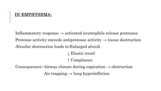 IN EMPHYSEMA:
Inflammatory response → activated neutrophils release proteases
Protease activity exceeds antiprotease activity → tissue destruction
Alveolar destruction leads to:Enlarged alveoli
↓ Elastic recoil
↑ Compliance
Consequences:-Airway closure during expiration → obstruction
Air trapping → lung hyperinflation
 