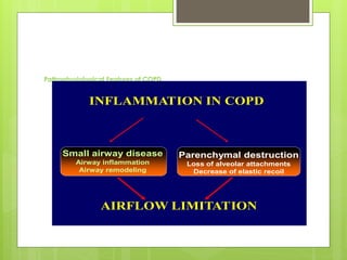 Pathophysiological Features of COPD
INFLAMMATION IN COPD
Small airway disease
Airway inflammation
Airway remodeling
Parenchymal destruction
Loss of alveolar attachments
Decrease of elastic recoil
AIRFLOW LIMITATION
 