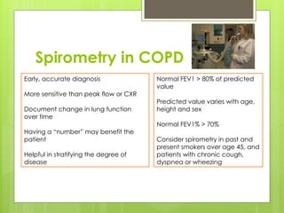 Spirometry in COPD
Early, accurate diagnosis
More sensitive than peak flow or CXR
Document change in lung function
over time
Having a “number” may benefit the
patient
Helpful in stratifying the degree of
disease
Normal FEV1 > 80% of predicted
value
Predicted value varies with age,
height and sex
Normal FEV1% > 70%
Consider spirometry in past and
present smokers over age 45, and
patients with chronic cough,
dyspnea or wheezing
 