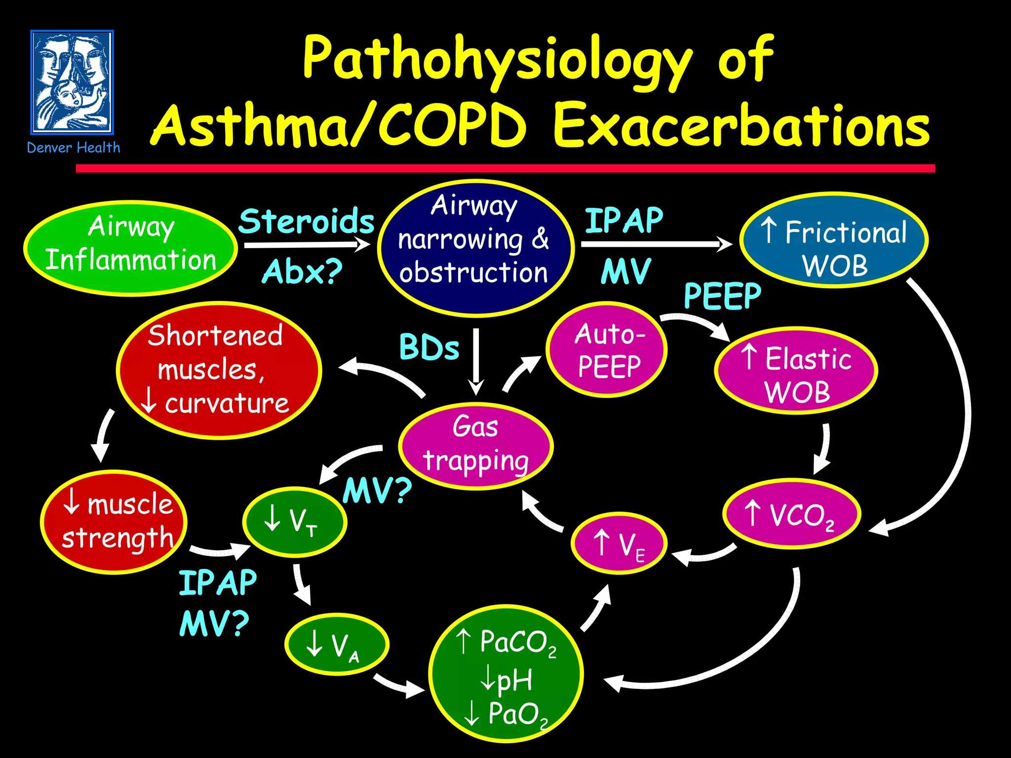 Pathohysiology of Asthma/COPD Exacerbations PEEP IPAP MV? Steroids Abx? MV? BDs Airway Inflammation Airway narrowing & obstruction Shortened muscles,   curvature  Frictional WOB  muscle strength  V T PaCO 2 pH PaO 2 Gas trapping Auto- PEEP  VCO 2  V E  Elastic WOB  V A IPAP MV Denver Health 