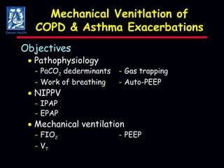 Mechanical Venitlation of COPD & Asthma Exacerbations Objectives    Pathophysiology - PaCO 2  dederminants - Gas trapping - Work of breathing - Auto-PEEP    NIPPV - IPAP - EPAP    Mechanical ventilation - FIO 2 - PEEP - V T Denver Health 