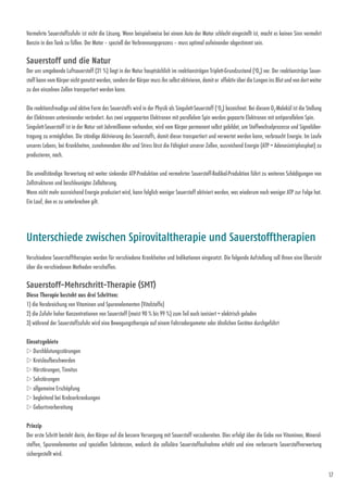 17
Vermehrte Sauerstoffzufuhr ist nicht die Lösung. Wenn beispielsweise bei einem Auto der Motor schlecht eingestellt ist, macht es keinen Sinn vermehrt
Benzin in den Tank zu füllen. Der Motor – speziell der Verbrennungsprozess – muss optimal aufeinander abgestimmt sein.
Sauerstoff und die Natur
Der uns umgebende Luftsauerstoff (21 %) liegt in der Natur hauptsächlich im reaktionsträgen Triplett-Grundzustand (3
O2
) vor. Der reaktionsträge Sauer­
stoff kann vom Körper nicht genutzt werden, sondern der Körper muss ihn selbst aktivieren, damit er effektiv über die Lungen ins Blut und von dort weiter
zu den einzelnen Zellen transportiert werden kann.
Die reaktionsfreudige und aktive Form des Sauerstoffs wird in der Physik als Singulett-Sauerstoff (1
O2
) bezeichnet. Bei diesem ­O2
-Molekül ist die Stellung
der Elektronen untereinander verändert. Aus zwei ungepaarten Elektronen mit parallelem Spin werden ­gepaarte Elektronen mit antiparallelem Spin.
Singulett-Sauerstoff ist in der Natur seit Jahrmillionen vorhanden, wird vom Körper permanent selbst gebildet, um Stoffwechsel­prozesse und Signalüber-
tragung zu ermöglichen. Die ständige Aktivierung des Sauerstoffs, damit dieser transportiert und verwertet werden kann, verbraucht Energie. Im Laufe
unseres Lebens, bei Krankheiten, zunehmendem Alter und Stress lässt die Fähigkeit unserer Zellen, ausreichend Energie (ATP = Adenosintriphosphat) zu
produzieren, nach.
Die unvollständige Verwertung mit weiter sinkender ATP-Produktion und vermehrter Sauerstoff-Radikal-Produktion führt zu weiteren Schädigungen von
Zellstrukturen und beschleunigter Zellalterung.
Wenn nicht mehr ausreichend Energie produziert wird, kann folglich weniger Sauerstoff aktiviert werden, was wiederum noch weniger ATP zur Folge hat.
Ein Lauf, den es zu unterbrechen gilt.
Verschiedene Sauerstofftherapien werden für verschiedene Krankheiten und Indikationen eingesetzt. Die folgende Aufstellung soll Ihnen eine Übersicht
über die verschiedenen Methoden verschaffen.
Sauerstoff-Mehrschritt-Therapie (SMT)
Diese Therapie besteht aus drei Schritten:
1) die Verabreichung von Vitaminen und Spurenelementen (Vitalstoffe)
2) die Zufuhr hoher Konzentrationen von Sauerstoff (meist 90 % bis 99 %) zum Teil auch ionisiert = elektrisch geladen
3) während der Sauerstoffzufuhr wird eine Bewegungstherapie auf einem Fahrradergometer oder ähnlichen Geräten durch­geführt
Einsatzgebiete
w Durchblutungsstörungen
w Kreislaufbeschwerden
w Hörstörungen, Tinnitus
w Sehstörungen
w allgemeine Erschöpfung
w begleitend bei Krebserkrankungen
w Geburtsvorbereitung
Prinzip
Der erste Schritt besteht darin, den Körper auf die bessere Versorgung mit Sauerstoff vorzubereiten. Dies erfolgt über die Gabe von Vitaminen, Mineral-
stoffen, Spurenelementen und speziellen Substanzen, wodurch die zelluläre Sauerstoffaufnahme erhöht und eine verbesserte Sauerstoffverwertung
­sichergestellt wird.
Unterschiede zwischen Spirovitaltherapie und Sauerstofftherapien
 