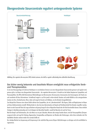 6
Das bisher wenig bekannte und beachtete Wissen ermöglicht neue erfolgreiche Denk-
und Therapieansätze.
So wie eine Heizungsanlage mit mehreren Heizkörpern in verschiedenen Zimmern von einer übergeordneten Steuerzentrale gesteuert und reguliert wird,
genauso gibt es im Körper eine übergeordnete Steuerzentrale – das vegetative Nervensystem. Es besteht aus den beiden Hauptnerven Sympathikus und
Parasympathikus. Das VNS erhält Informationen/Rückmeldungen vom Nerven­system, Hormonsystem, Immunsystem, den Sinnesorganen, der Psyche usw.
und verarbeitet all diese Informationen. Fortwährend reagiert es auf die jeweils vorherrschende Situation und sendet Befehle an die untergeordneten
Systeme wie Herz, Kreislauf­system, Niere, Leber und Lunge bis hinunter auf Zellebene, wie die Alveolen (Lungenbläschen).
Zum Beispiel das Erkennen einer akuten Gefahr aktiviert den Sympathikus, der mit „Alarmbereitschaft“ alle Organe, Zellen und Regelsysteme im Körper
auf diese Gefahrensituation einstellt. Wichtig hierbei ist, dass bei einer Alarmsituation mit Kampf und Fluchtbereitschaft die Alveolen vergrößert werden,
damit sie mehr Sauerstoff über die Lunge aufnehmen und genug Energie für den erfolgreichen Kampf oder die Flucht bereitstellen können. Diese einfache
Strategie ist überlebensnotwendig und ist seit Anbeginn der Menschheit bewährt, sowohl bei Menschen als auch bei ­Tieren.
Nach der Kampf- und Fluchtsituation, die in der Natur nur ein paar Sekunden, Minuten oder wenige Stunden dauert, wird der Parasympathikus (Entspan-
nungsnerv) aktiv und sorgt für Erholung, Regeneration, Energieaufbau und Reparatur von Wunden oder Verletzungen, sofern diese vorhanden sind. Die
überblähten Alveolen nehmen wieder ihre normale Größe ein.
Der ständige Wechsel von Anspannung und Entspannung ist der natürliche Weg unseres Körpers Höchstleistungen zu erbringen und sich anschließend zu
regenerieren.
Übergeordnete Steuerzentrale reguliert untergeordnete Systeme
HeizkörperSteuerzentrale/Heizung
steuert
reguliert
OrganeSteuerzentrale VNS
steuert
reguliert
Abbildung: Das vegetative Nervensystem (VNS) arbeitet autonom, das heißt es reguliert selbstständig ohne willentliche Beeinflussung.
 