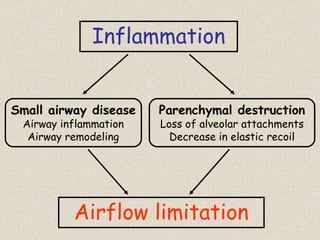 Inflammation
Small airway disease
Airway inflammation
Airway remodeling
Parenchymal destruction
Loss of alveolar attachments
Decrease in elastic recoil
Airflow limitation
 