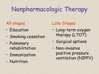 Nonpharmacologic Therapy
All stages
• Education
• Smoking cessation
• Pulmonary
rehabilitation
• Immunization
• Nutrition
Late Stages
• Long-term oxygen
therapy (LTOT)
• Surgical options
• Non-invasive
positive pressure
ventilation (NIPPV)
 