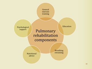 48
Pulmonary
rehabilitation
components
General
exercise
training
Breathing
retraining
Education
Nutritional
advice
Psychological
support
 