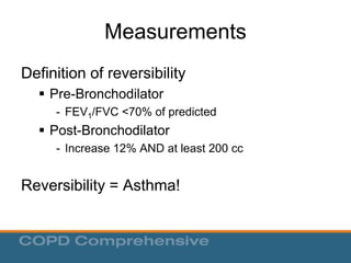 Measurements
Pre-Bronchodilator Post-Bronchodilator
Predicted Measured % Measured % % change
FVC 2.66 1.32 50 1.26 47 -4
F...