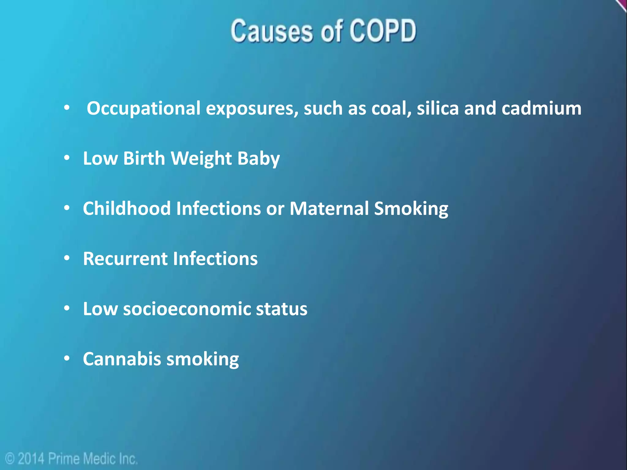 • Occupational exposures, such as coal, silica and cadmium
• Low Birth Weight Baby
• Childhood Infections or Maternal Smoking
• Recurrent Infections
• Low socioeconomic status
• Cannabis smoking
 