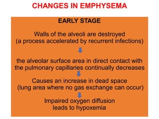 CHANGES IN EMPHYSEMA
EARLY STAGE
Walls of the alveoli are destroyed
(a process accelerated by recurrent infections)
the alveolar surface area in direct contact with
the pulmonary capillaries continually decreases
Causes an increase in dead space
(lung area where no gas exchange can occur)
Impaired oxygen diffusion
leads to hypoxemia
15
 