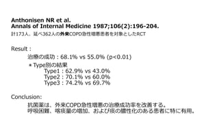 Anthonisen NR et al.
Annals of Internal Medicine 1987;106(2):196‐204.
計173人、延べ362人の外来COPD急性増悪患者を対象としたRCT
Result：
治療の成功：68.1% vs 55.0% (p<0.01)
＊Type別の結果
Type1：62.9％ vs 43.0％
Type2：70.1％ vs 60.0％
Type3：74.2% vs 69.7％
Conclusion:
抗菌薬は、外来COPD急性増悪の治療成功率を改善する。
呼吸困難、喀痰量の増加、および痰の膿性化のある患者に特に有用。
 