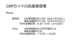 CRPガイドの抗菌薬管理
Result：
使用率： CRP参照群が57.0%（263人中150人）
通常治療群が77.4%（274人中212人）
（95％信頼区間：0.20～0.47、p<0.001）
CCQ： CRP参照群のCCQ平均値が2.6
通常治療群が2.8
（90％信頼区間：ー0.33～ー0.05）
 