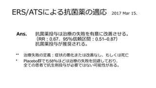 ERS/ATSによる抗菌薬の適応 2017 Mar 15.
Ans. 抗菌薬投与は治療の失敗を有意に改善させる。
（RR：0.67、95％信頼区間：0.51–0.87）
抗菌薬投与が推奨される。
** 治療失敗の定義：症状の悪化または改善なし、もしくは死亡
* Placebo群でも58％ほどは治療の失敗を回避しており、
全ての患者で抗生剤投与が必要ではない可能性がある。
 