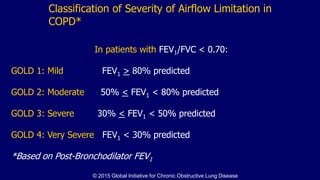 Classification of Severity of Airflow Limitation in
COPD*
In patients with FEV1/FVC < 0.70:
GOLD 1: Mild FEV1 > 80% predicted
GOLD 2: Moderate 50% < FEV1 < 80% predicted
GOLD 3: Severe 30% < FEV1 < 50% predicted
GOLD 4: Very Severe FEV1 < 30% predicted
*Based on Post-Bronchodilator FEV1
© 2015 Global Initiative for Chronic Obstructive Lung Disease
 