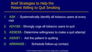 Brief Strategies to Help the
Patient Willing to Quit Smoking
1. ASK - -Systematically identify all tobacco users at every
visit
2. ADVISE - Strongly urge all tobacco users to quit
3. ASSESS - Determine willingness to make a quit attempt
4. ASSIST - Aid the patient in quitting
5. ARRANGE - Schedule follow-up contact.
© 2015 Global Initiative for Chronic Obstructive Lung Disease
 