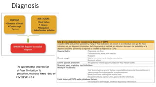 Diagnosis
The spirometric criteron for
airflow llimitation is
postbronchodilator fixed ratio of
FEV1/FVC < 0.7.
 