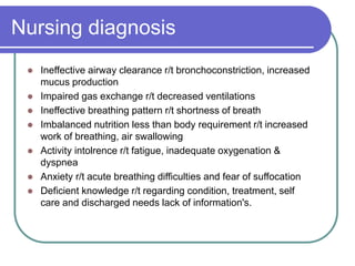 Nursing diagnosis
 Ineffective airway clearance r/t bronchoconstriction, increased
mucus production
 Impaired gas exchange r/t decreased ventilations
 Ineffective breathing pattern r/t shortness of breath
 Imbalanced nutrition less than body requirement r/t increased
work of breathing, air swallowing
 Activity intolrence r/t fatigue, inadequate oxygenation &
dyspnea
 Anxiety r/t acute breathing difficulties and fear of suffocation
 Deficient knowledge r/t regarding condition, treatment, self
care and discharged needs lack of information's.
 