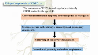 The main cause of COPD is smoking.characteristically
COPD starts after the age of 40.
Abnormal inflammation response of the lungs due to toxic gases.
Response accurs in the airways, parenchyma & pulmonary
vasculature.
Narrowing of the airways takes place.
Destrction of parenchyma leads to emphysema.
 