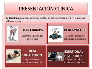 PRESENTACIÓN CLÍNICA
La terminología de los patrones clínicos es controvertida, pero en la práctica
diferenciamos:
.
HEAT CRAMPS
Calambres asociados
al ejercicio
HEAT SYNCOPE
Desvanecimiento
asociados al ejercicio
HEAT
EXHAUSTION
Agotamiento
asociados al ejercicio
EXERTIONAL
HEAT STROKE
Golpe de calor
asociados al ejercicio
 