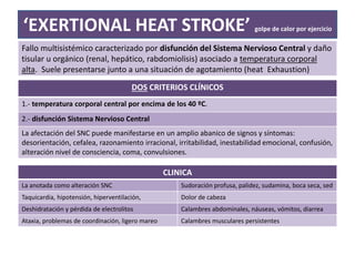 ‘EXERTIONAL HEAT STROKE’ golpe de calor por ejercicio
Fallo multisistémico caracterizado por disfunción del Sistema Nervioso Central y daño
tisular u orgánico (renal, hepático, rabdomiolisis) asociado a temperatura corporal
alta. Suele presentarse junto a una situación de agotamiento (heat Exhaustion)
DOS CRITERIOS CLÍNICOS
1.- temperatura corporal central por encima de los 40 ºC.
2.- disfunción Sistema Nervioso Central
La afectación del SNC puede manifestarse en un amplio abanico de signos y síntomas:
desorientación, cefalea, razonamiento irracional, irritabilidad, inestabilidad emocional, confusión,
alteración nivel de consciencia, coma, convulsiones.
CLINICA
La anotada como alteración SNC Sudoración profusa, palidez, sudamina, boca seca, sed
Taquicardia, hipotensión, hiperventilación, Dolor de cabeza
Deshidratación y pérdida de electrolitos Calambres abdominales, náuseas, vómitos, diarrea
Ataxia, problemas de coordinación, ligero mareo Calambres musculares persistentes
 