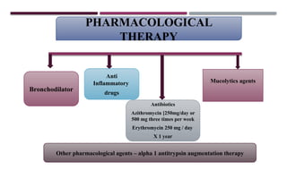 PHARMACOLOGICAL
THERAPY
Anti
Inflammatory
drugs
Bronchodilator
Antibiotics
Azithromycin [250mg/day or
500 mg three times per week
Erythromycin 250 mg / day
X 1 year
Mucolytics agents
Other pharmacological agents – alpha 1 antitrypsin augmentation therapy
 