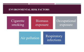 ENVIRONMENTAL RISK FACTORS
Cigarette
smoking
Biomass
exposure
Occupational
exposure
Air pollution
Respiratory
infections
 