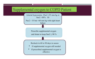 Supplemental oxygen to COPD Patient
Arterial hypoxemia –Pao2 ≤55 mm hg or
Sao2 <88% Or
Pao2 > 55 but <60 mm hg with right heart
failure
Prescribe supplemental oxygen
and titrate to keep Sao2 ≥ 90 %
Recheck in 60 to 90 days to assess
 If supplemental oxygen still needed
 If prescribed supplemental oxygen is
effective
 