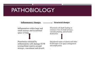 PATHOBIOLOGY
Inflammatory changes
Inflammation within large and
small airways and in terminal
space of lung
Proteinases released by
inflammatory cells damage ECM
(extracellular matrix) around
airways, vasculature and alveoli.
Structural changes
Structural cell death leading to
extensive loss of small airways,
vascular pruning ,and alveolar
destruction
Disordered repair of elastin and other
ECM leads to air space enlargement
and emphysema.
 