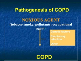 Pathogenesis of COPD
       NOXIOUS AGENT
(tobacco smoke, pollutants, occupational
                agent)
                          Genetic factors
                          Respiratory
                          infection
                          Other




                 COPD
 