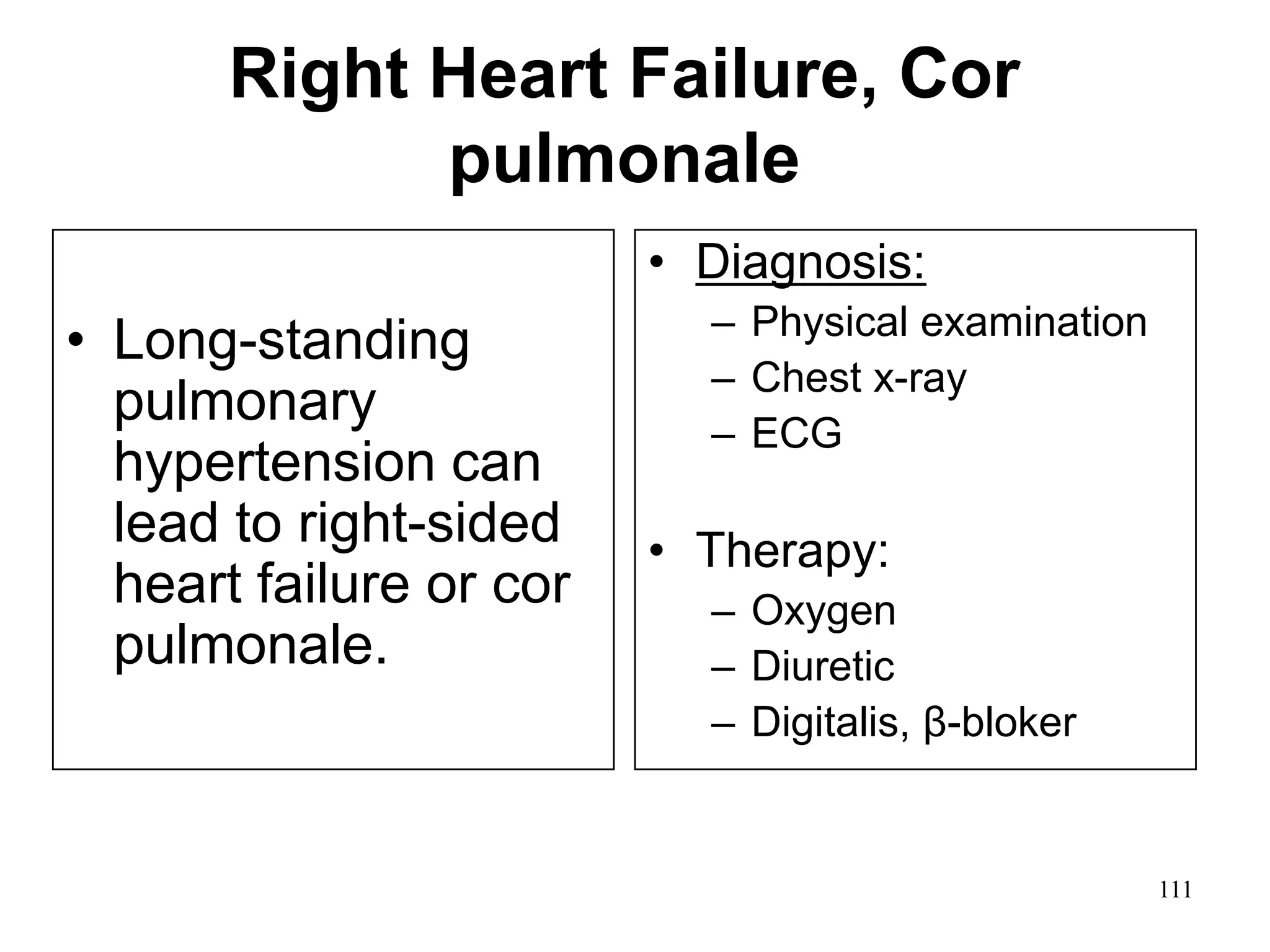 Right Heart Failure, Cor
pulmonale
• Long-standing
pulmonary
hypertension can
lead to right-sided
heart failure or cor
pulmonale.
• Diagnosis:
– Physical examination
– Chest x-ray
– ECG
• Therapy:
– Oxygen
– Diuretic
– Digitalis, β-bloker
111
 