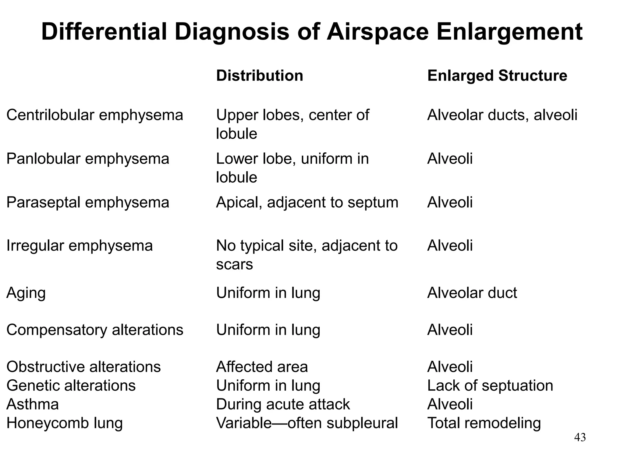 Differential Diagnosis of Airspace Enlargement
Distribution Enlarged Structure
Centrilobular emphysema Upper lobes, center of
lobule
Alveolar ducts, alveoli
Panlobular emphysema Lower lobe, uniform in
lobule
Alveoli
Paraseptal emphysema Apical, adjacent to septum Alveoli
Irregular emphysema No typical site, adjacent to
scars
Alveoli
Aging Uniform in lung Alveolar duct
Compensatory alterations Uniform in lung Alveoli
Obstructive alterations
Genetic alterations
Asthma
Honeycomb lung
Affected area
Uniform in lung
During acute attack
Variable—often subpleural
Alveoli
Lack of septuation
Alveoli
Total remodeling
43
 