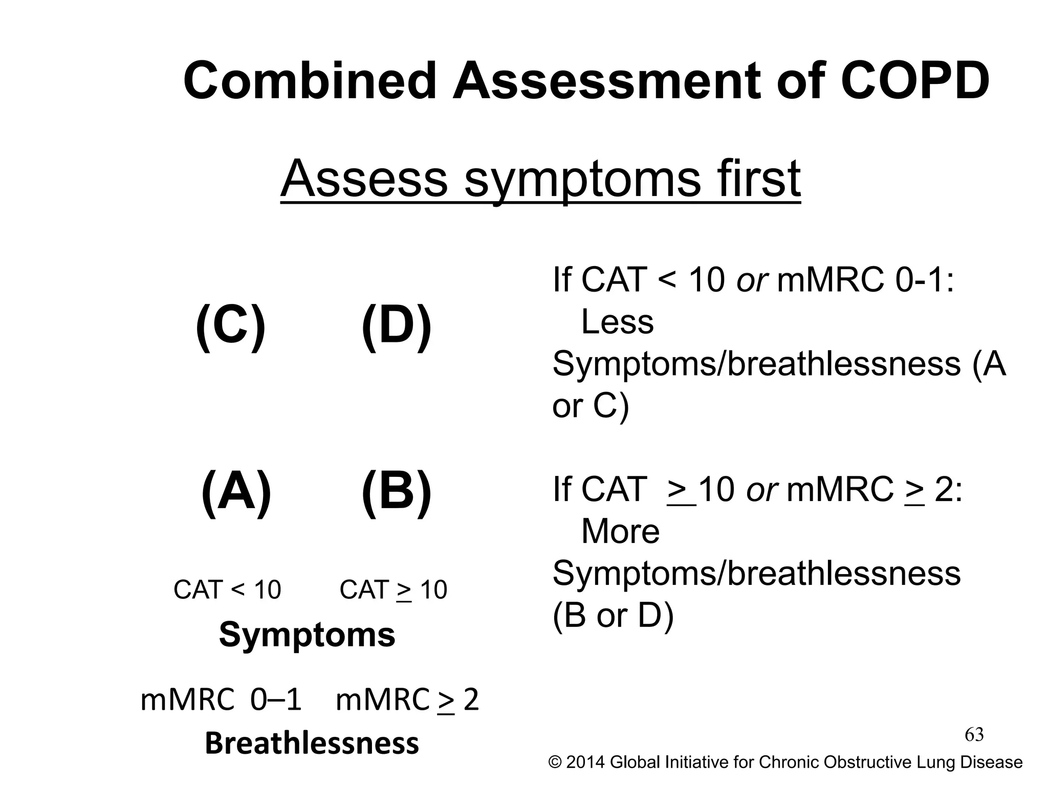 Combined Assessment of COPD
(C) (D)
(A) (B)
CAT < 10 CAT > 10
Symptoms
If CAT < 10 or mMRC 0-1:
Less
Symptoms/breathlessness (A
or C)
If CAT > 10 or mMRC > 2:
More
Symptoms/breathlessness
(B or D)
Assess symptoms first
© 2014 Global Initiative for Chronic Obstructive Lung Disease
Breathlessness
mMRC 0–1 mMRC > 2
63
 
