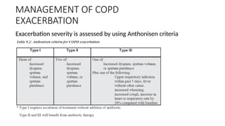 MANAGEMENT OF COPD
EXACERBATION
Exacerbation severity is assessed by using Anthonisen criteria
 