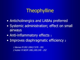 Theophylline
• Anticholinergics and LABAs preferred
• Systemic administration; effect on small
airways
• Anti-inflammatory effects 1
• Improves diaphragmatic efficiency 2
1 Barnes PJ ERJ 1994;7:579 - 591
2 Aubier M NEJM 1981;305:249 - 252
 