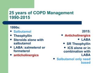 25 years of COPD Management
1990-2015
1990s:
 Salbutamol
 Theophyllin
 Steroids alone with
salbutamol
 LABA :salmeterol or
formeterol
 anticholinergics
2015:
 Anticholinergics
 LABA
 SR Theophyllin
 ICS alone or in
combination with
LABA
 Salbutamol only need
based
 