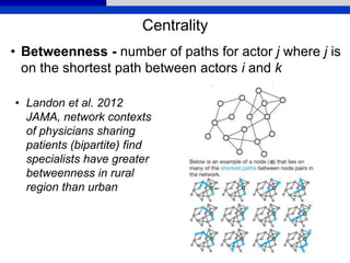 Centrality
• Betweenness - number of paths for actor j where j is
on the shortest path between actors i and k
• Landon et al. 2012
JAMA, network contexts
of physicians sharing
patients (bipartite) find
specialists have greater
betweenness in rural
region than urban
 
