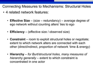 Connecting Measures to Mechanisms: Structural Holes
• 4 related network features:
• Effective Size – (size – redundancy) – average degree of
ego network without counting alters’ ties to ego
• Efficiency – (effective size / observed size)
• Constraint – room to exploit structural holes or negotiate;
extent to which network alters are connected with each
other (direct/indirect, proportion of network ‘time & energy)
• Hierarchy – for Burt/structural holes, many measures of
hierarchy generally – extent to which constraint is
concentrated in one actor
 