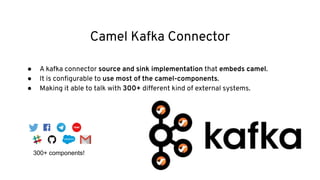 Camel Kafka Connector
● A kafka connector source and sink implementation that embeds camel.
● It is conﬁgurable to use most of the camel-components.
● Making it able to talk with 300+ different kind of external systems.
300+ components!
 