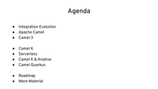 Agenda
● Integration Evolution
● Apache Camel
● Camel 3
● Camel K
● Serverless
● Camel K & Knative
● Camel Quarkus
● Roadmap
● More Material
 