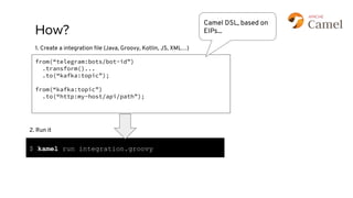 How?
from(“telegram:bots/bot-id”)
.transform()...
.to(“kafka:topic”);
from(“kafka:topic”)
.to(“http:my-host/api/path”);
1. Create a integration ﬁle (Java, Groovy, Kotlin, JS, XML…)
Camel DSL, based on
EIPs...
$ kamel run integration.groovy
2. Run it
 