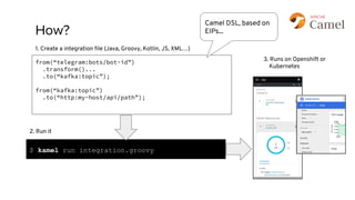 How?
from(“telegram:bots/bot-id”)
.transform()...
.to(“kafka:topic”);
from(“kafka:topic”)
.to(“http:my-host/api/path”);
1. Create a integration ﬁle (Java, Groovy, Kotlin, JS, XML…)
Camel DSL, based on
EIPs...
3. Runs on Openshift or
Kubernetes
$ kamel run integration.groovy
2. Run it
 