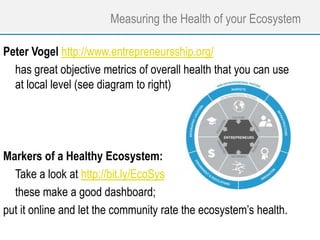 Measuring the Health of your Ecosystem
Peter Vogel http://www.entrepreneursship.org/
has great objective metrics of overall health that you can use
at local level (see diagram to right)
Markers of a Healthy Ecosystem:
Take a look at http://bit.ly/EcoSys
these make a good dashboard;
put it online and let the community rate the ecosystem’s health.
 