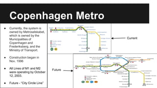 Copenhagen Metro 
● Currently, the system is 
owned by Metroselskabet, 
which is owned by the 
Municipalities of 
Copenhagen and 
Frederiksberg, and the 
Ministry of Transport. 
● Construction began in 
Nov. 1996 
● All Lines of M1 and M2 
were operating by October 
12, 2003. 
● Future - “City Circle Line” 
Current 
Future 
 
