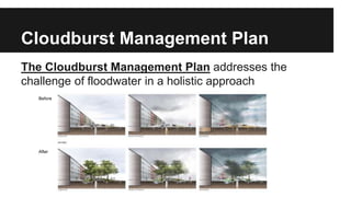 Cloudburst Management Plan 
The Cloudburst Management Plan addresses the 
challenge of floodwater in a holistic approach 
Before 
After 
 
