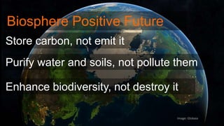 Biosphere Positive Future
Store carbon, not emit it
Purify water and soils, not pollute them
Enhance biodiversity, not destroy it
Image: Globaia
 
