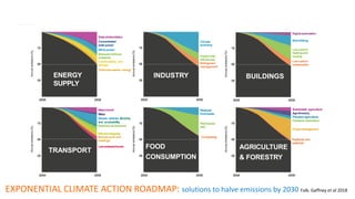 Digitalautomation
Retroﬁtting
Low-carbon
heatingand
cooling
Low-carbon
construction
2020 2030
Annualemissions(%)
50
Solar photovoltaics
Concentrated
solar power
Wind power
Reduced methane
emissions
Gridﬂexibility and
storage
Otherlow-carbon energy
2020 2030
Annualemissions(%)
50
Circular
economy
Supplyside
efﬁciencies
Refrigerant
management
2020 2030
Annualemissions(%)
2525 25
7575 75
50
Reduced
foodwaste
Plant-based
diet
2020 2030
Annualemissions(%)
50
Sustainable agriculture
Agroforestry
Precisionagriculture
Farmland restoration
Forestmanagement
2020 2030
Annualemissions(%)
50
Masstransit
Bikes
Electric vehicles Mobility
and accessibility
Reduced airtransport
2020 2030
Annualemissions(%)
25 2525
75 7575
50
Efﬁcientshipping
Remotework and
meetings4.1
Composting
Peatlands and
wetlands
3
.
2
Low-emissiontrucks
ENERGY
SUPPLY
INDUSTRY BUILDINGS
AGRICULTURE
& FORESTRY
FOOD
CONSUMPTION
TRANSPORT
EXPONENTIAL CLIMATE ACTION ROADMAP: solutions to halve emissions by 2030 Falk, Gaffney et al 2018
 
