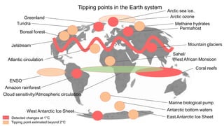 Arctic sea ice.
Greenland
Permafrost
Mountain glaciers
Boreal forest
Jetstream
West Antarctic Ice Sheet
Amazon rainforest
Coral reefs
Atlantic circulation
East Antarctic Ice Sheet
Antarctic bottom waters
Sahel/
West African Monsoon
Tundra
Cloud sensitivity/Atmospheric circulation
ENSO
Tipping points in the Earth system
Marine biological pump
Methane hydrates
Arctic ozone
Detected changes at 1°C
Tipping point estimated beyond 2°C
 