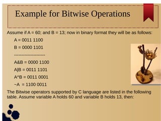 Assume if A = 60; and B = 13; now in binary format they will be as follows:
A = 0011 1100
B = 0000 1101
---------------------
A&B = 0000 1100
A|B = 0011 1101
A^B = 0011 0001
~A = 1100 0011
The Bitwise operators supported by C language are listed in the following
table. Assume variable A holds 60 and variable B holds 13, then:
Example for Bitwise Operations
 