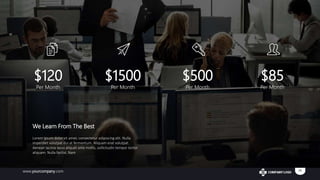 www.yourcompany.com 18
$120
Per Month
$85
Per Month
$1500
Per Month
$500
Per Month
Lorem ipsum dolor sit amet, consectetur adipiscing elit. Nulla
imperdiet volutpat dui at fermentum. Aliquam erat volutpat.
Aenean lacinia lacus aliquet ante mollis, sollicitudin tempor tortor
aliquam. Nulla facilisi. Nam
We Learn From The Best
 