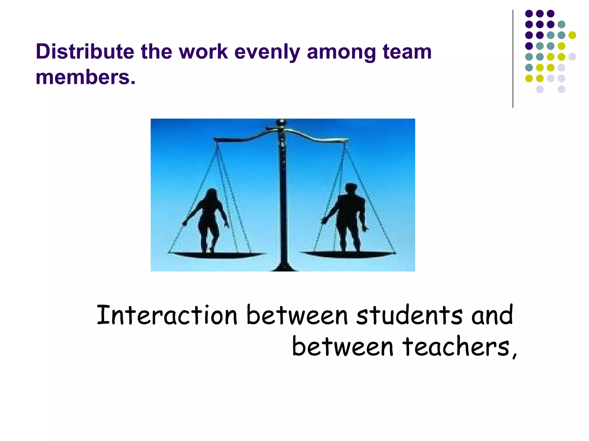 Distribute the work evenly among team
members.




     Interaction between students and 
                    between teachers,
 